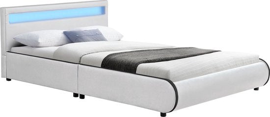 Juskys Gestoffeerd bed Sevilla - 140 x 200 cm - Wit - LED Verlichting