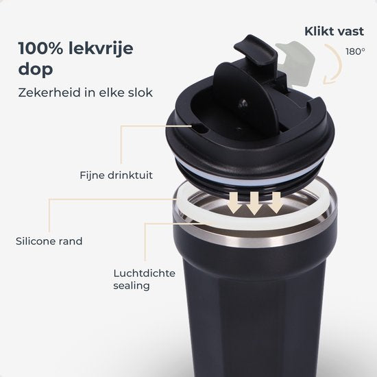 Castagnola Thermosbeker - Koffiebeker To Go - Travel Mug voor Koffie en Thee - Theebeker - 380 ML - RVS - Zwart - Octagon