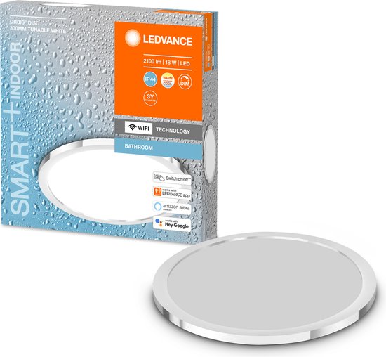 LEDVANCE Armatuur: voor plafond, BADKAMER DECORATIEF PLAFOND EN MUUR MET WIFI-TECHNOLOGIE / 18 W, 22-…24- V, stralingshoek: 11-, Afgestemd Wit, 3-65- K, behuizingsmateriaal: aluminium, IP44