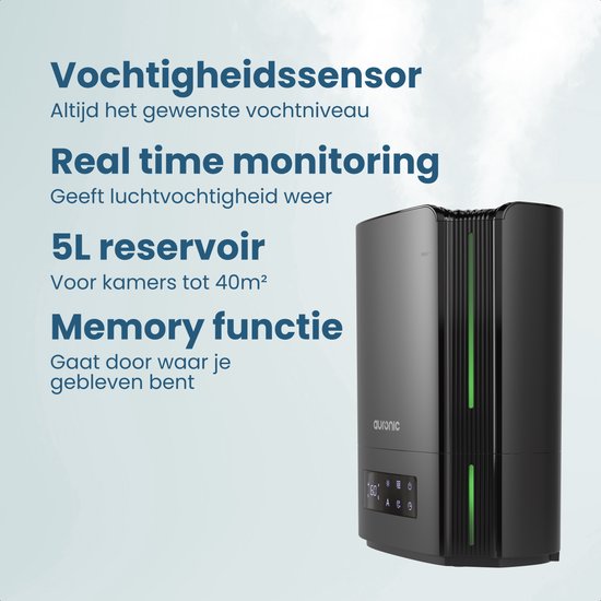Auronic Luchtbevochtiger - 5 Liter - Geschikt voor Woonkamer, Kantoor, Slaapkamer, Babykamer en Meer - BPA-Vrij - Zwart