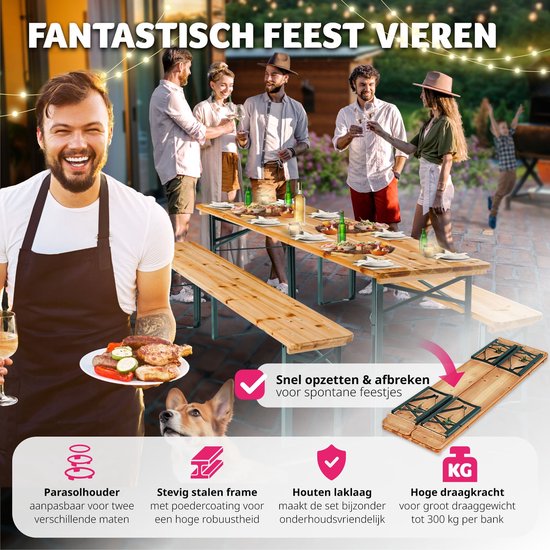 tectake® biertentenset met tafel en 2x bierbanken, met parasolhouder - biertentenset, balkonmeubilair met 1x klaptafel en 2x bierbanken, opvouwbaar, 170 x 46 x 78 cm, gelakt