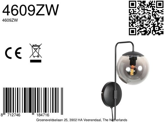 Wandlamp Bollique 4609ZW zwarte metalen wandlamp met smoke glas, E14 fitting, trendy stijl - Steinhauer