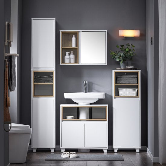 SoBuy BZR147-W Badkamerkast - Witte Hoge Kast met 2 Deuren & Vakken