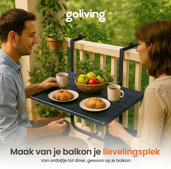 Goliving Balkontafel - Inklapbaar - Hangend - 60 x 40 cm - Verstelbaar in 3 hoogtes - Weerbestendig - 2 bekerhouders – Zwart