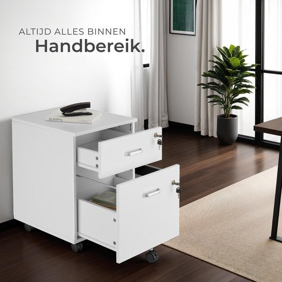 tectake® Ladenkastje - Met 2 afsluitbare lades, vergrendelbare wielen - Rolkast - Organizer - Perfect voor een georganiseerde werkplek - Kantoor, studeerkamer , thuiswerkplek - Wit