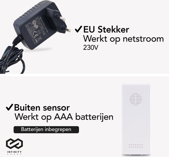 Infinity Goods Weerstation - Weersverwachting - Hygrometer - Binnen en Buiten - Temperatuur - Luchtvochtigheid - Draadloze Buitensensor - 100M bereik - Zwart