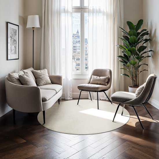 tectake® Kortpolig Vloerkleed - Rond - Ø120 cm - Creme - 1630 g/m² Poolgewicht - Tapijt voor Woonkamer, Slaapkamer, Eetkamer - Onderhoudsvriendelijk en Wasbaar - Antislip Ondertapijt - Allergievriendelijk - Diverse maten en kleuren