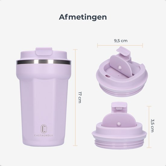 Castagnola Thermosbeker - Koffiebeker To Go - Travel Mug voor Koffie en Thee - Theebeker - 380 ML - RVS - Lichtpaars - Octagon