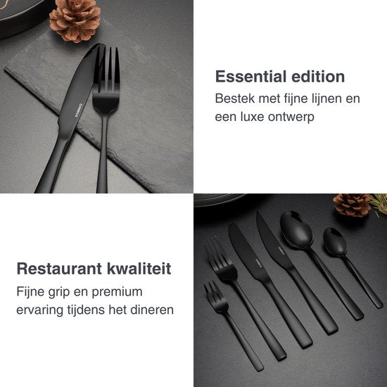 Deleca 8 Persoons Bestekset Essential (48-delig) - Lepels, Messen, Vorken, Steakmessen & Gebaksvorkjes - Vaatwasserbestendig Bestek - Glanzend Zwart / Edelstaal
