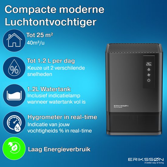 Erikssøn Luchtontvochtiger Dry Pro Series – Ontvochtigt Tot 1,2L/Dag – Zwart – 360° Circulatie & Hygrometer