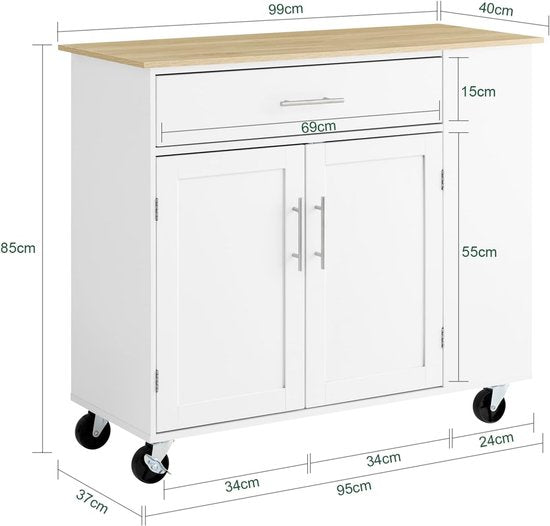 SoBuy Verrijdbaar Keukeneiland - Keuken Trolley - Keukenkast op Wieltjes - voor Eetkamer of Keuken, Wit 99x40x85 cm FKW133-WN