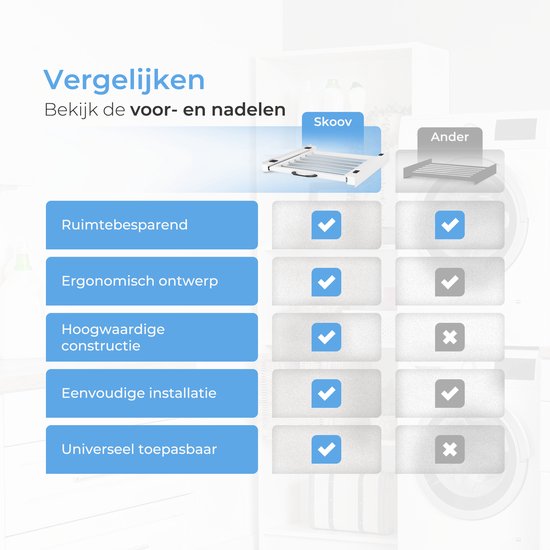 Skoov Tussenstuk voor Wasmachine & Droger - Stapelkit - Met uitschuifbare plank - Universeel - Droogkast - Meubel - incl. trildempers en spanband