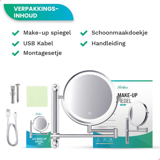 Mirlux Make Up Spiegel met Led Verlichting - Oplaadbaar - 7X Vergroting - Vergrootspiegel met Licht - Scheerspiegel - Badkamerspiegel - Chroom