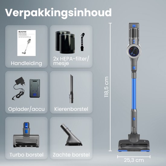 Auronic Steelstofzuiger Draadloos 350W - Draadloze Stofzuiger - HEPA Filter - Zelfstaand - Op Accu - Zonder Zak - Kruimeldief - Vacuum Cleaner - Grijs/Blauw