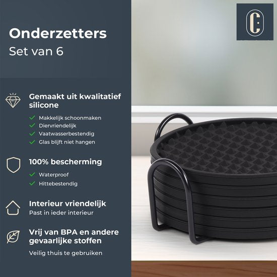 Castagnola Siliconen Onderzetters – Onderzetters voor Glazen – Design Onderzetters met Houder – Onderzettersset – Anti Slip - Set van 6 – Zwart