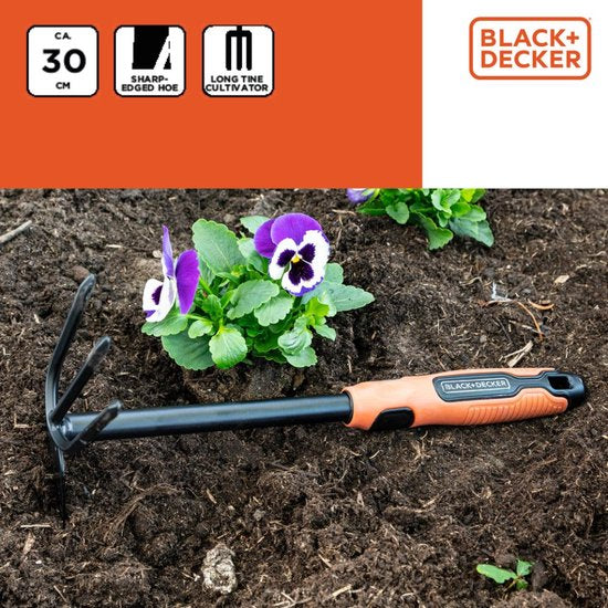 BLACK+DECKER Dubbele Schoffel - 3 Pinnen en Hak - 30 CM - Ergonomisch Handvat - Zwart/ Oranje