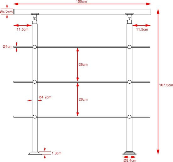 Monzana Trapleuning 100 cm - Met 3 Spijlen – Roestvrijstaal