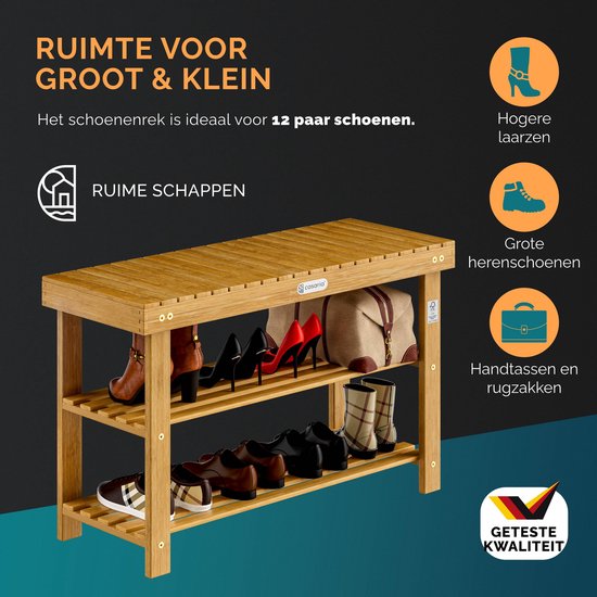 Casaria Schoenenrek - Zitbank 3 Schappen 90x33x46cm – Acaciahout