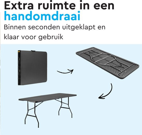 BRASQ Inklapbare Vouwtafel Zwart - 180x70x74cm- Campingtafel - Klaptafel - Weerbestendig - Tafel met draaghandvat
