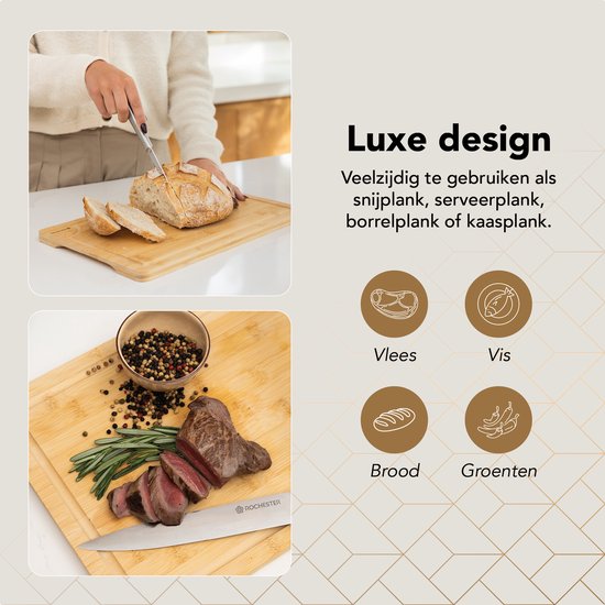 Rochester Snijplanken Hout – Borrelplank – PFAS-Vrije Snijplankenset 3-Delig – Serveerplank Organisch Bamboe – Tapasplank Luxe Design – Hygiënisch en Duurzaam