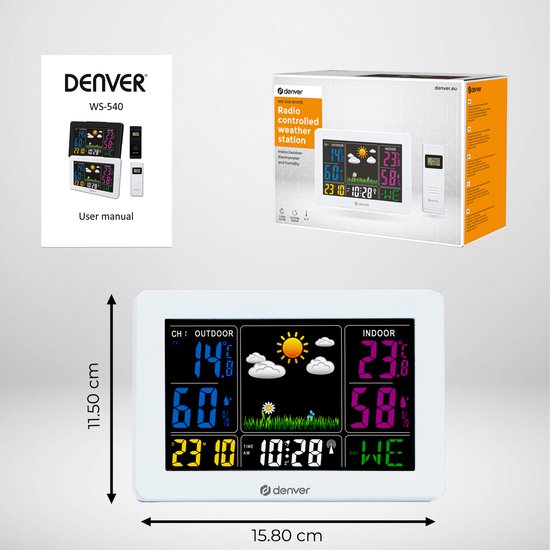 Denver Weerstation binnen en buiten - Draadloos weerstation met Buitensensor - Radiogestuurde Tijd - WS540 - Wit