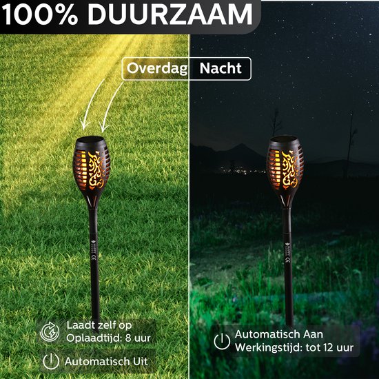 Happy Goods Solar Tuinverlichting op Zonne Energie - 4 Tuinfakkels - 57 cm - Waterbestendig - Buitenverlichting met Sensor - Tuinlantaarns
