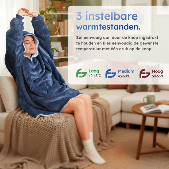 Hoodie Deken – Verwarmd – 3 Standen – Snuggle Hoodie – Verwarmde Hoodie – Snuggle – 10k mAh Accu – One Size – Blauw – Saaf Comfort