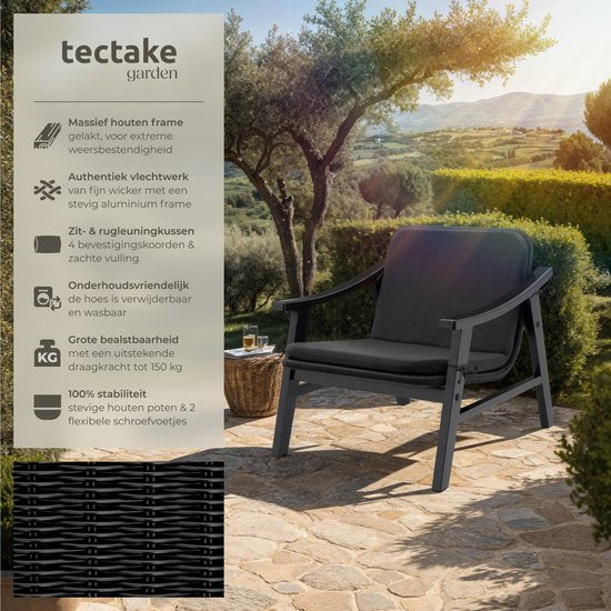 tectake® Tuinstoel - Houten Stoel voor Balkon of Tuin - Rieten zitting - Buitenfauteuil - Draagvermogen tot 150kg - Stoel voor binnen of buiten - Incl. kussen - zwart