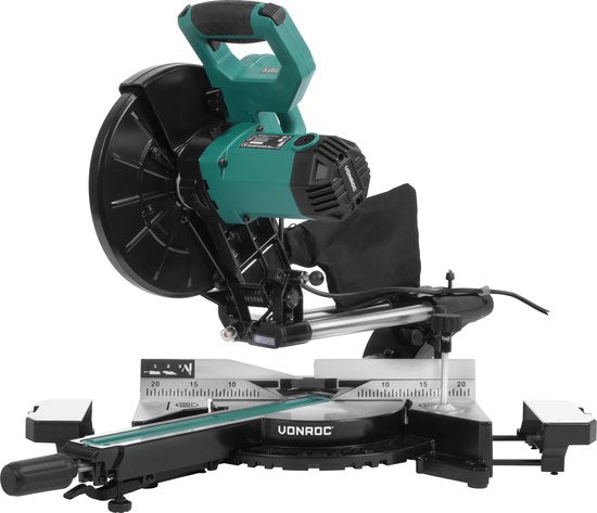 VONROC PRO afkortzaag - kapzaag - verstekzaag – 2200W - Ø255mm – Zaagt hout, kunststof en metaal – Instelbare snelheid – Zaagcapaciteit 340mm –Verstelbare tafelverbreders – Trekfunctie – Kantelbaar – Lengtestop - Incl. zaagblad, laser & LED