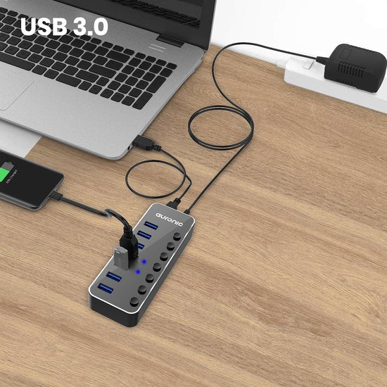 Auronic USB Hub 3.0 - USB Splitter met 7 Poorten - met Voeding - 5 GBPs - Led Indicatie - Zwart