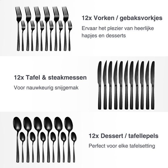 Deleca 12 Persoons Bestekset Essential (72-delig) - Lepels, Messen, Vorken, Steakmessen & Gebaksvorkjes - Vaatwasserbestendig Bestek - Glanzend Zwart / Edelstaal