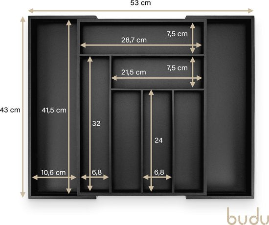 Budu Uitschuifbare Bamboe Bestekbak #43 (43 cm diep) - Zwart - Bestekcassette Hout - Besteklade - 43 x 32,2 - 53 cm - 6/8 vakken