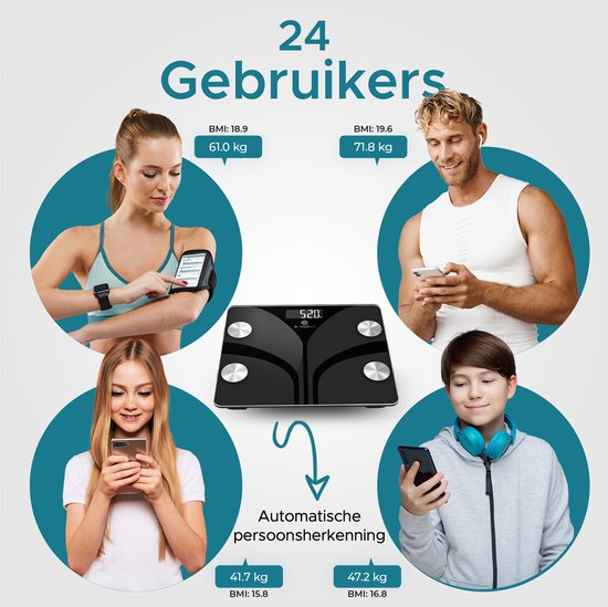 e.volve Weegschaal Personenweegschaal Digitaal - 20x - Zwart - Slimme Weegschaal met Lichaamsanalyse - Precisie Weegschaal - Incl. App