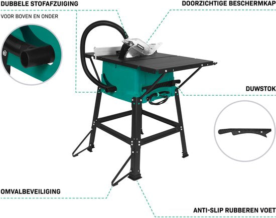 VONROC Zaagtafel 2000W – Ø250mm - Groot werkblad - Zaaghoek instelbaar van 0° tot 45° - Met soft-start technologie - Incl. 60T zaagblad en onderstel