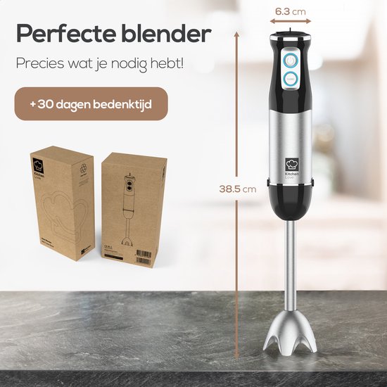 KitchenLove Staafmixer - 800W - 6 Snelheden + Turbo - Zwart/RVS