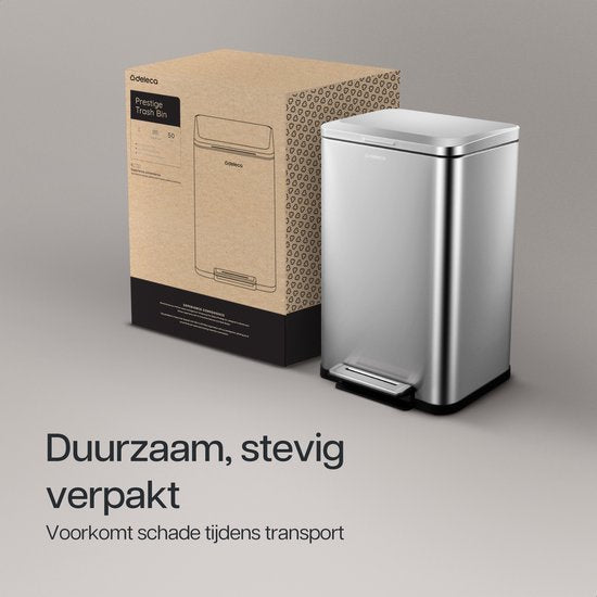 Deleca Prullenbak Prestige - 50 Liter - Breed - RVS Vuilnisbak / Afvalemmer / Pedaalemmer - Met Voetpedaal en Slow Close - Mat Zilver