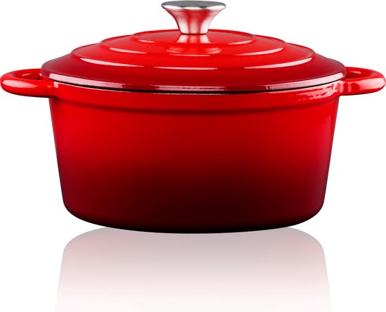 alpina Braadpan Gietijzer met Deksel - Bakpan ⌀ 24 cm - Alle Warmtebronnen - Rood