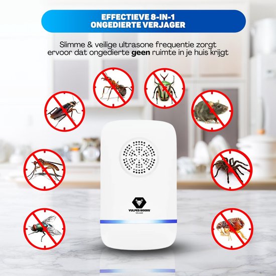 Vulpes Goods® Verjager - Ultrasone Muizenverjager PRO - 8-in-1 Ongedierte Verjager - Muizenverjager voor binnen - Pest Reject - Ongediertebestrijding - Insectenverjager - Muggenverjager - 4 Pack - Wit