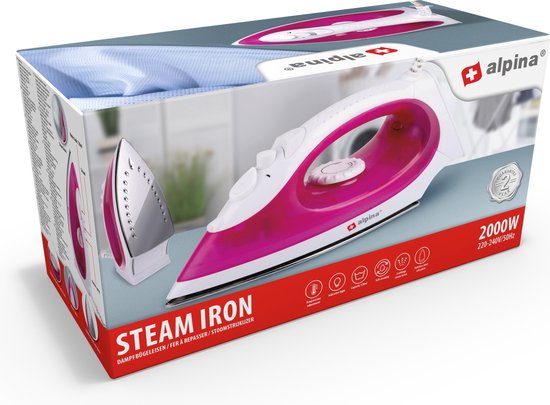 alpina Stoomstrijkijzer - 2000 Watt - Traploze Temperatuur - Stoomboost - Sproeifunctie - RVS Zool - Roze