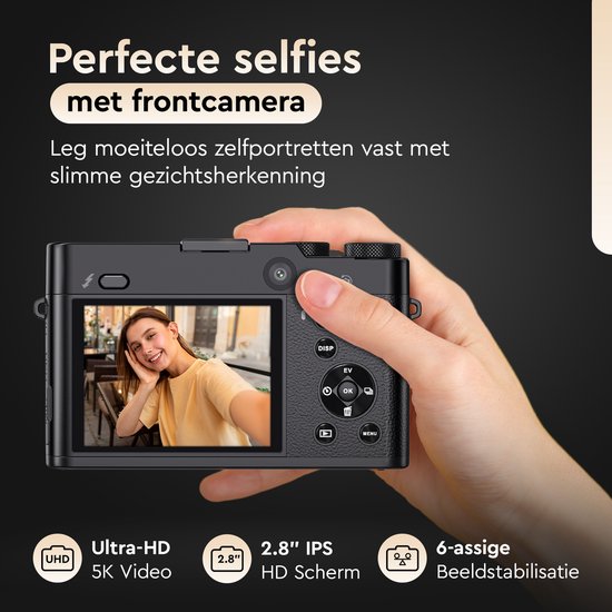 K&L Digitale Camera 5K - 64MP - 6X Optische Zoom - Fotocamera - Compact Camera - Vlog Camera - Ideaal voor Beginners - Inclusief 64GB - NL Software