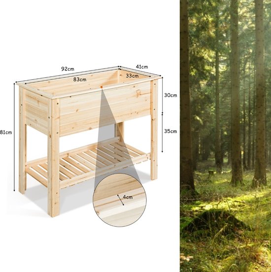 Coast Houten Plantenbak Verhoogd Bed met Opbergplank voor Groeiende Planten 92 x 41x 81 cm