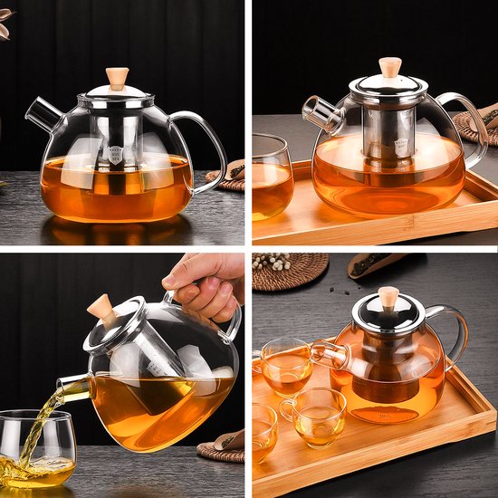 Deleca Glazen Theepot met Filter en Theelicht Warmhouder Set - Borosilicaat Glas - RVS Zeef - Kerst Cadeau - Voor Losse Thee / Theebloemen - 1.5L