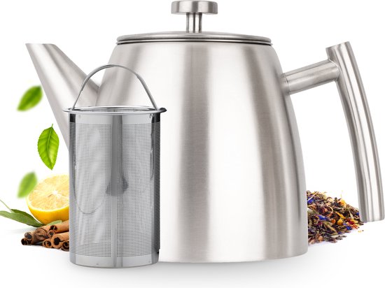 Vaja® Theepot Camille Zilver - Dubbelwandig - 1 Liter - RVS Theekan met Filter & Warmhouder