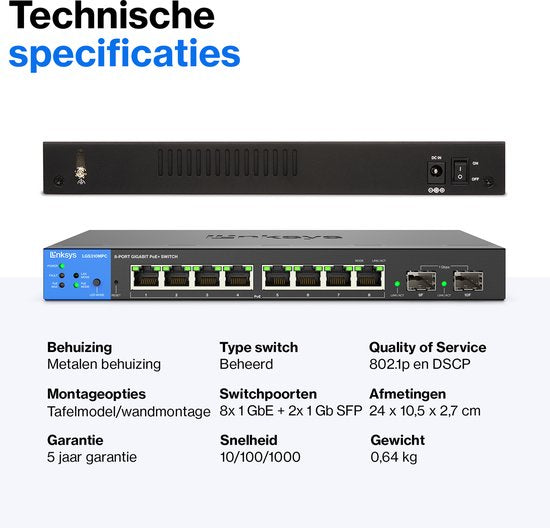 Linksys LGS310MPC - Netwerk Switch - Gigabit - Managed - 8 Poorten - PoE+ - Zwart