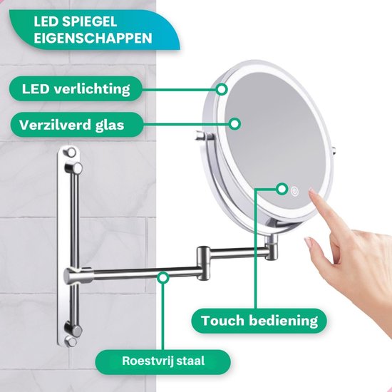 Mirlux Make Up Spiegel met Led Verlichting - Oplaadbaar - 7X Vergroting - Vergrootspiegel met Licht - Scheerspiegel - Badkamerspiegel - Chroom