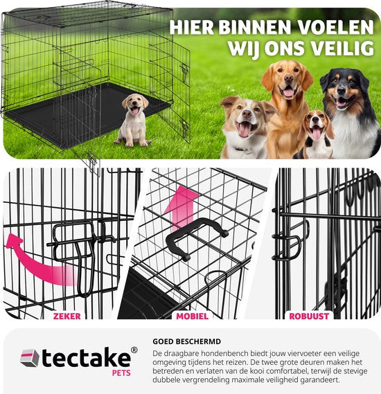 tectake® Hondenkooi - Hondenhekbox - Hondenkennel - Opvouwbare hondenbox - Stabiele transportbox voor honden en puppy’s - Voor kofferbak, auto, camping en thuis - 121,5 x 75,5 x 80,5 cm