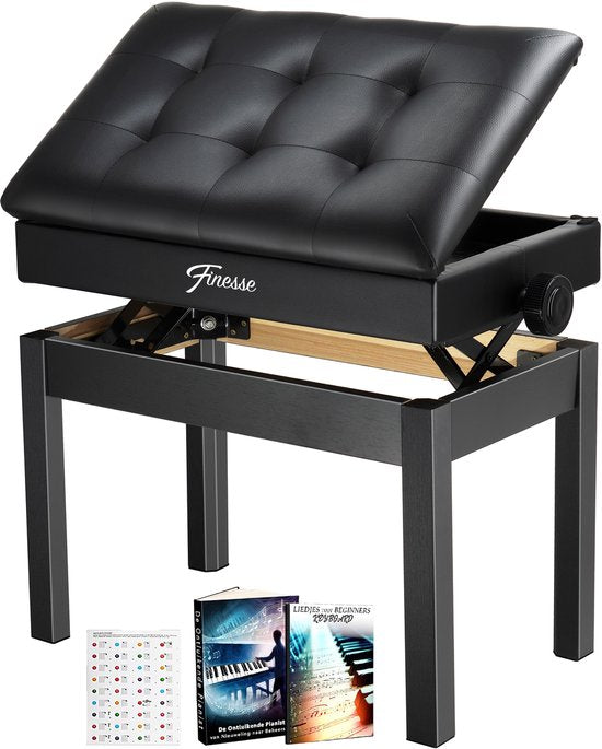 Finesse Premium Pianobank - Hoogte Verstelbaar - met Opbergruimte - Zacht Kussen - Pianokruk - Pianostoel - Zwart