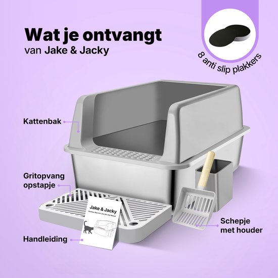 Jake and Jacky RVS Kattenbak - Kattentoilet Roestvrijstaal - Open Kattenbak - Incl. Kattenbakschep met Houder en Gritopvang Opstapje - 60x40x30cm