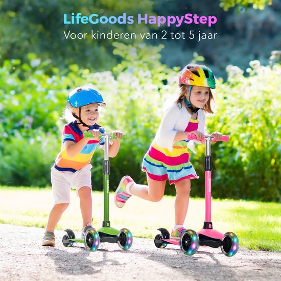 LifeGoods Kinderstep - voor 2-5 Jaarige - 3 Lichtgevende LED Wielen - Hoogte Verstelbaar - Groen - 55x62,50x69,50 cm