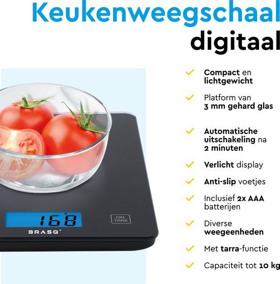 BRASQ Digitale keukenweegschaal Zwart - Inclusief batterijen - Weegschaal Keuken met Tarra-functie - Weegvermogen 10 KG - Precisie Weegschaal